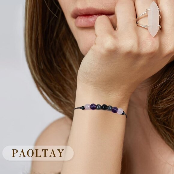 Evil Eye Empath Bracelet - Adjustable 11.7in Anxiety Relief Gift in Velvet Pouch - Picture 4 of 7